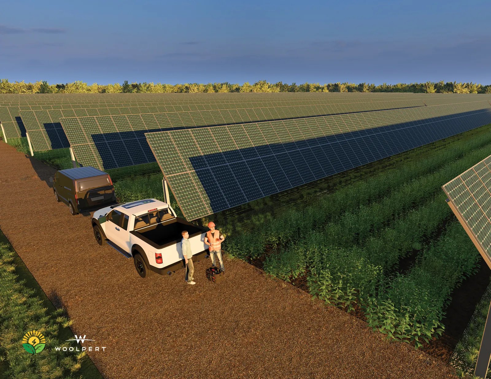 Solargation® solar arrays over agricultural fields in morning position